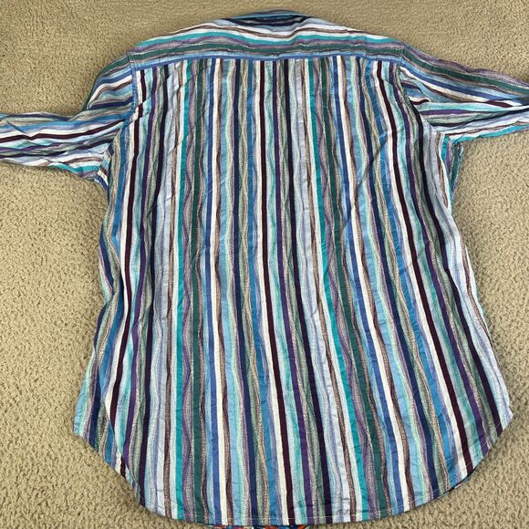 Robert Graham Shirt Mens Large Blue Stripe Button Flip Cuff Classic Fit Cotton - Picture 7 of 11